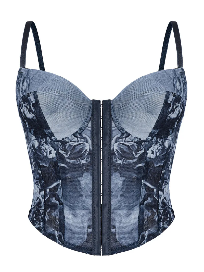 Vintage Art Print Corset Top Blue And Black Pattern Bustier With Mesh Panels Adjustable Straps Bodice Sexy Fashion Vest GH10