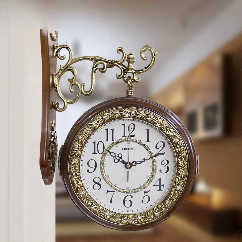 Vintage Dual-FaceQuartz Wall Clock Silent Movement,ArtisticPersonality HangingClock For Living Room Household Interior Ornament