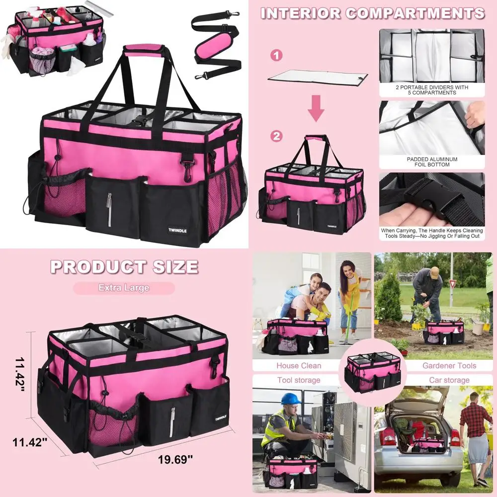 

Large Detachable Divider Cleaning Caddy for Supplies, Adjustable Strap & Belt, 19.69 x 11.42 x 11.42