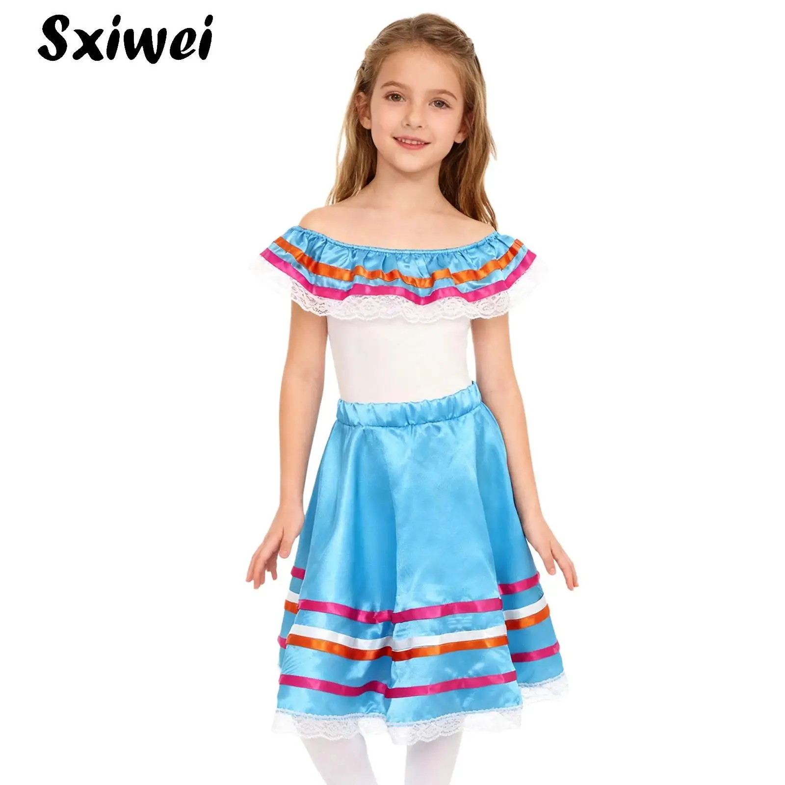 Girls Traditional Folk Mexican Dress Spanish Flamenco Dance Costume Outfit Off Shoulder Ruffled Top with Skirt Carnival Dress Up