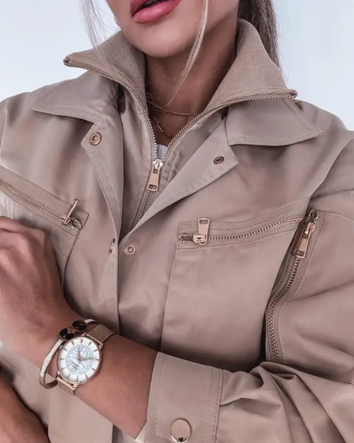 Women's Jackets Daily Clothing Autumn & Winter Cargo Pockets Button Front Crop Jacket Female Casual Thread Collar Windproof Coat