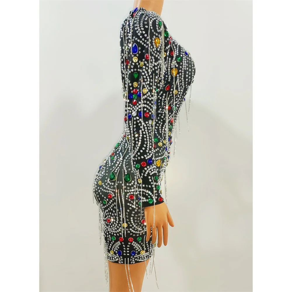 سباركلي الراين سلاسل شرابة فستان فاخر عيد ميلاد حفلة موسيقية مساء احتفال حفلة فستان قصير المغني المضيف المرحلة زي