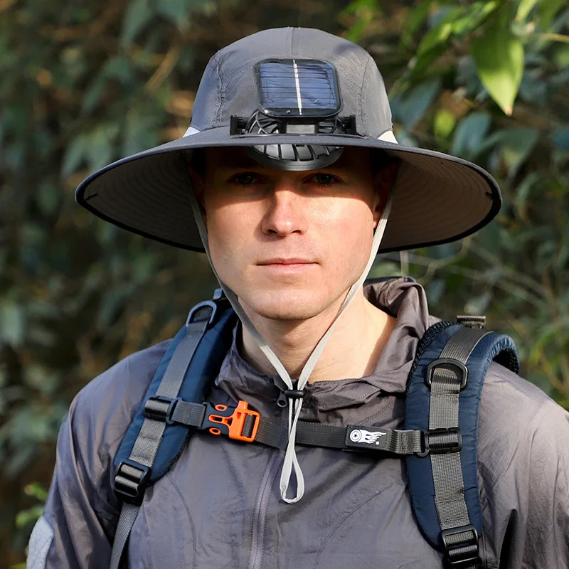 Solar Fan Hat Men Outdoor Summer Wide Brim Fisherman Hat Hiking Fishing Strong Wind Rechargeable UV Protection Sun Cap 4f004