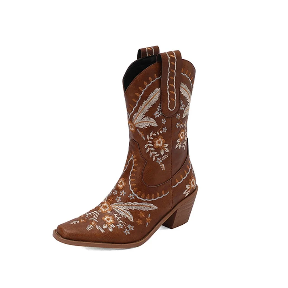 

Botas De Mujer 2023 Women's New Thick Heel Pointed Toe Embroidered Western Boots Cowboy Boot Big Size 46 Platform Shoes Y981