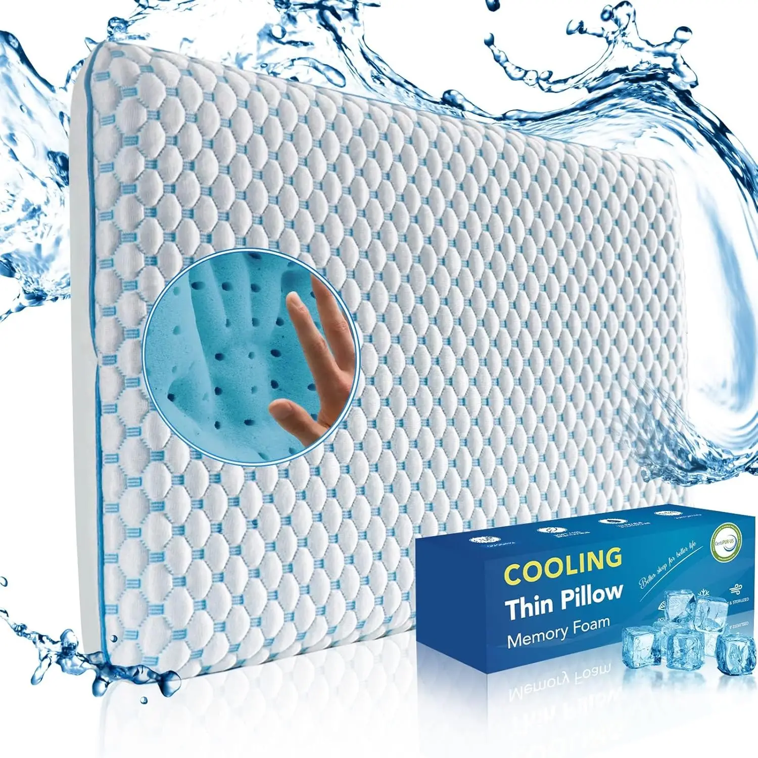

Cooling Gel Memory Foam Pillow for Stomach & Back Sleepers, Slim Design for Neck Pain Relief