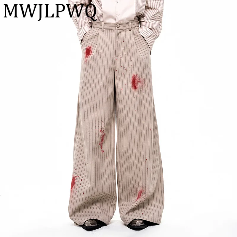 

MWJLPWQ STARTEXCEEDEND Молочные шелковые брюки в вертикальную полоску, мужские осенние повседневные брюки с имитацией крови, ручная роспись, 12354