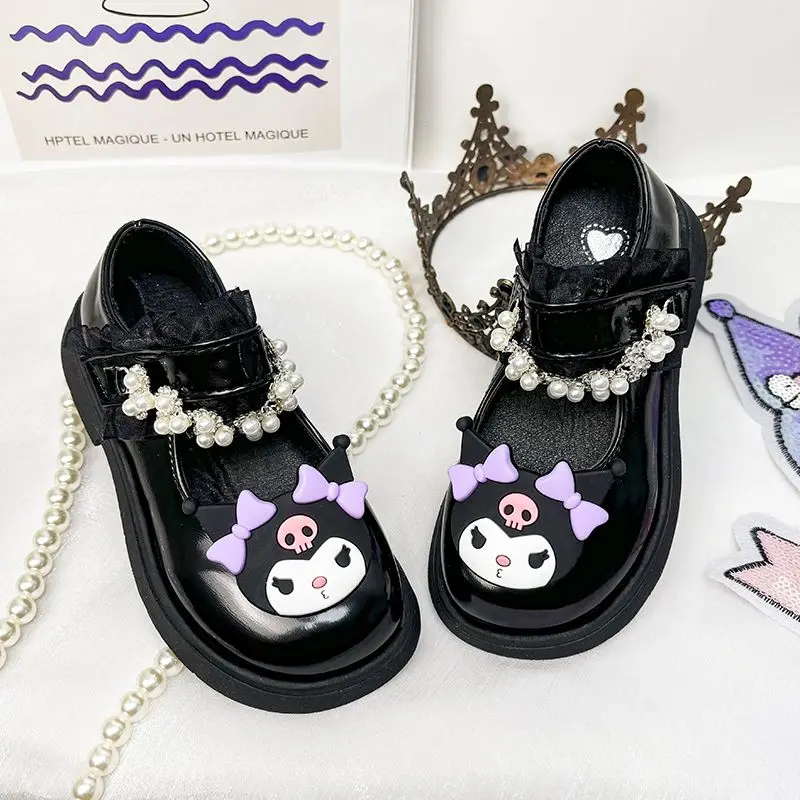 2024 Sanrio Kuromi Girls Small Leather Shoes Kawaii Anime Princess Shoes Sweet Cute Cartoon Pearl Lolita Shoes Tide Gift for Kid