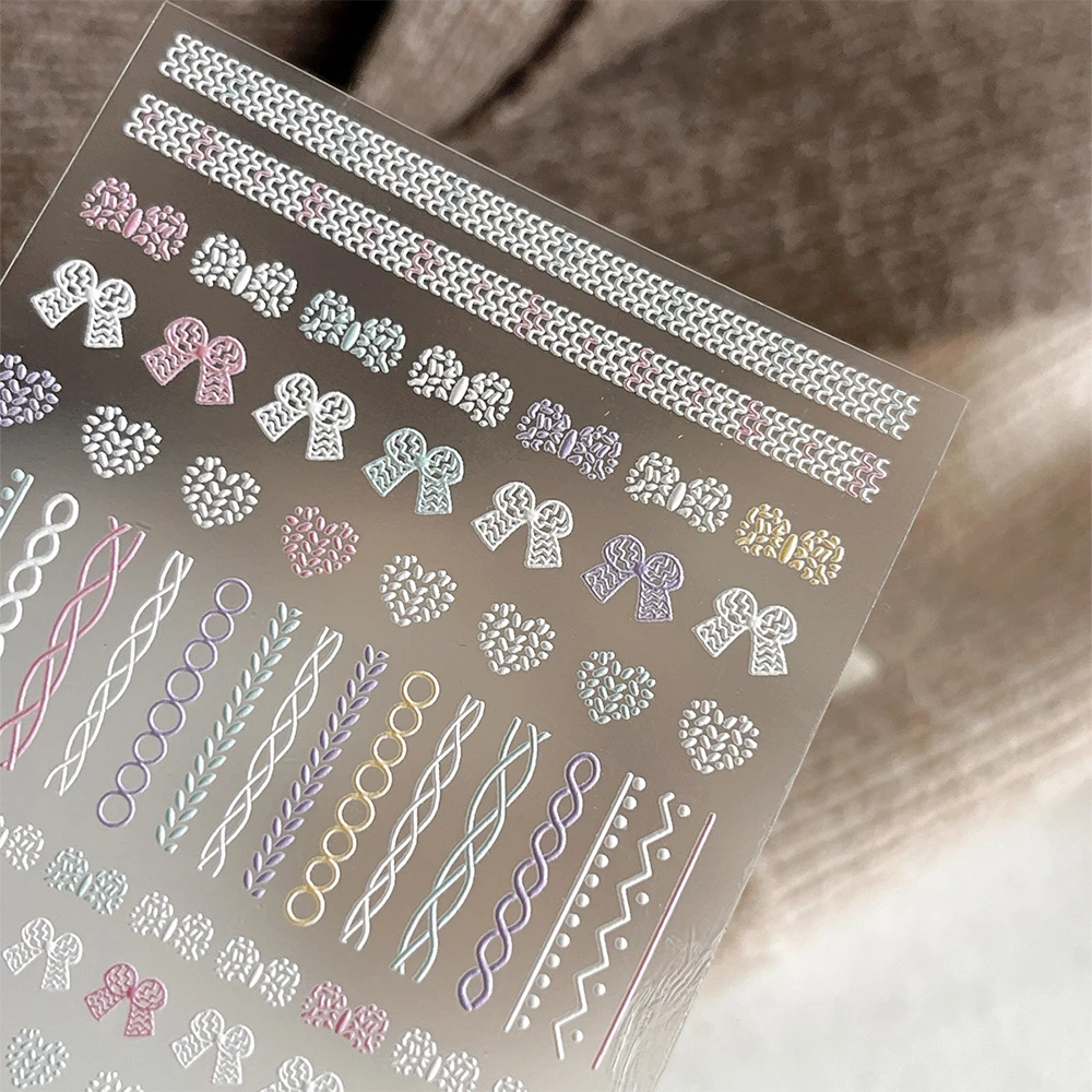1 シートスイートボウネイルアートステッカー 5D エンボスハートちょう結びマニキュアスライダーかわいいニットパターンネイルデコレーションデカールガール