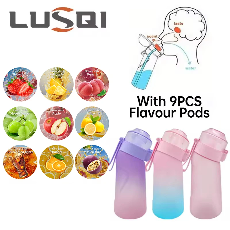 LUSQI 500ML Air Flavored Water Bottle With 9 Flavor Rings Sports Fashion Straw For Outdoor Sports Activities