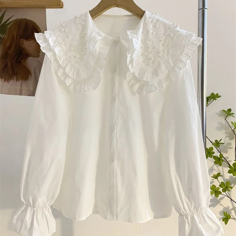 Double layered doll collar shirt, women's long sleeved sweet anti-aging nail bead fashionable and stylish versatile chic top