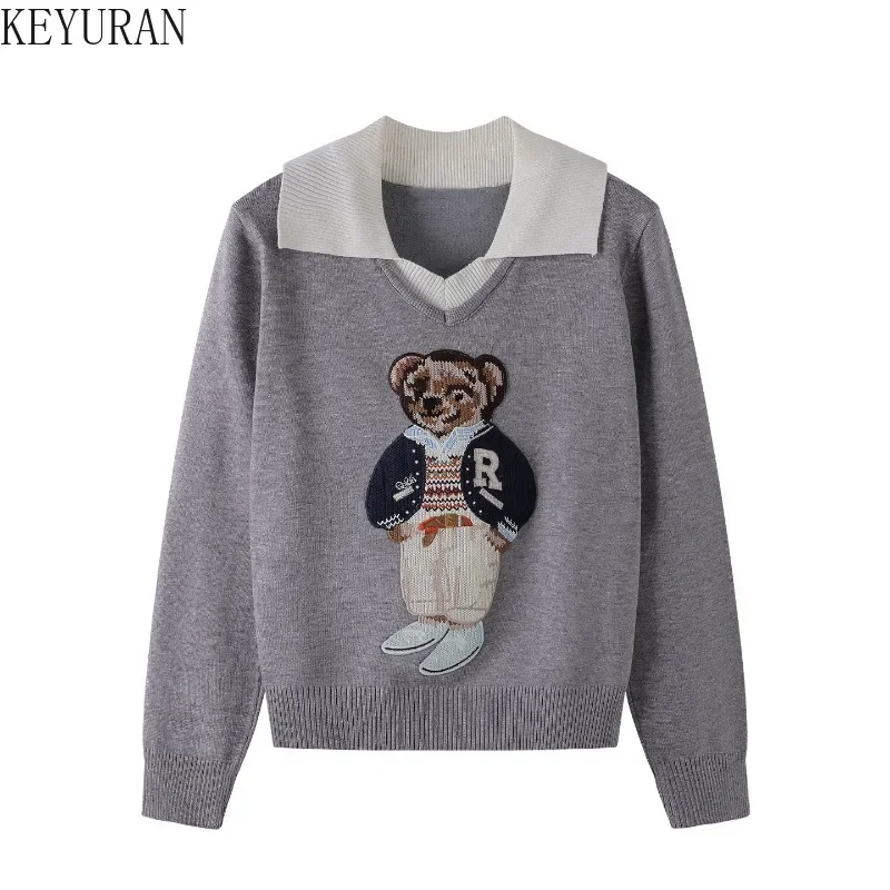 

Жаккардовый вязаный свитер с героями мультфильмов, женский новый осенний винтажный корейский модный пуловер с длинными рукавами и лацканами, трикотажные топы, женские джемперы