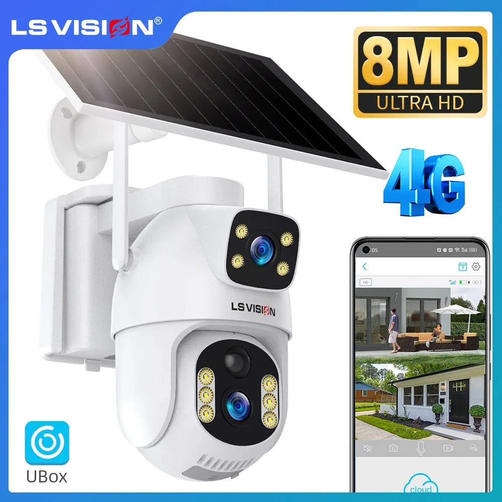 

LS VISION 8MP Dual Screen 4G Solar Camera Outdoor 4K Dual Lens PIR Detection 2-Way Audio Auto Tracking Security Cameras Ubox App