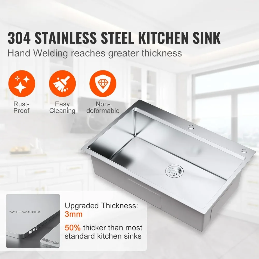 Kitchen Sink, 304 Stainless Steel Drop-In Sinks, Top Mount Single Bowl Basin with Ledge and Accessories, Dishwasher Sinks