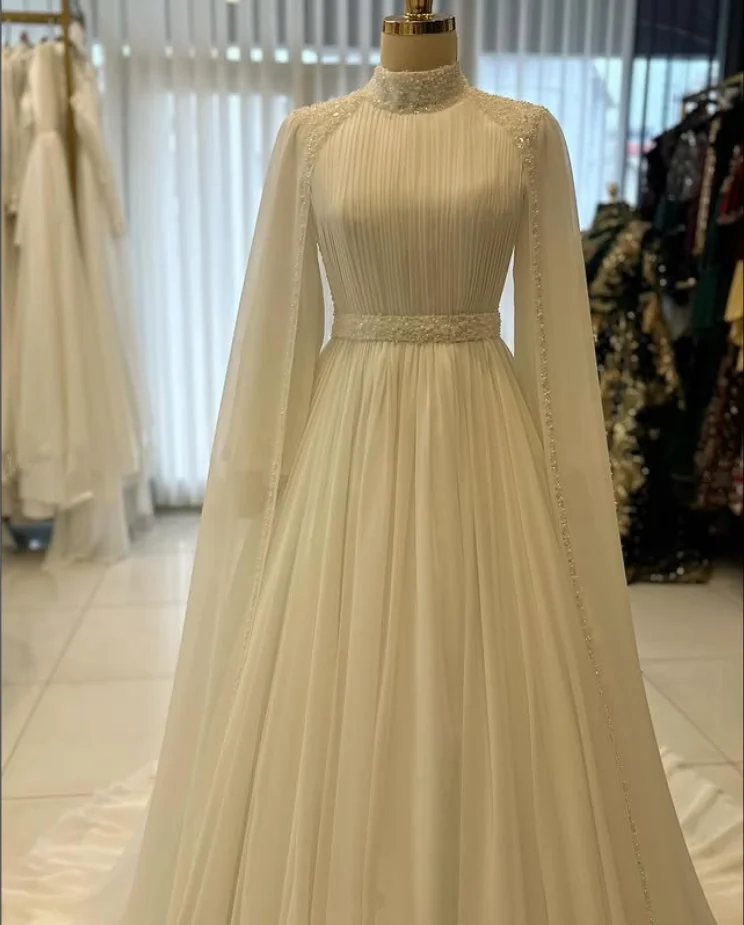 Белый мусульманский кафтан, свадебные платья в Саудовской Аравии с накидкой, блестящий кафтан с высоким воротом, свадебное платье по индивидуальному заказу, одежда