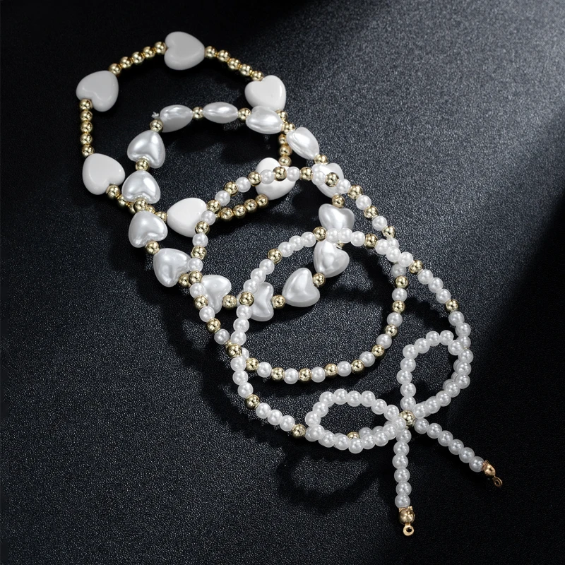 New Fashion Imitation Pearl Love Bow Multi-layer Bracelet Ladies Personality Elegant 4-piece Set of Beaded Accessories Gift