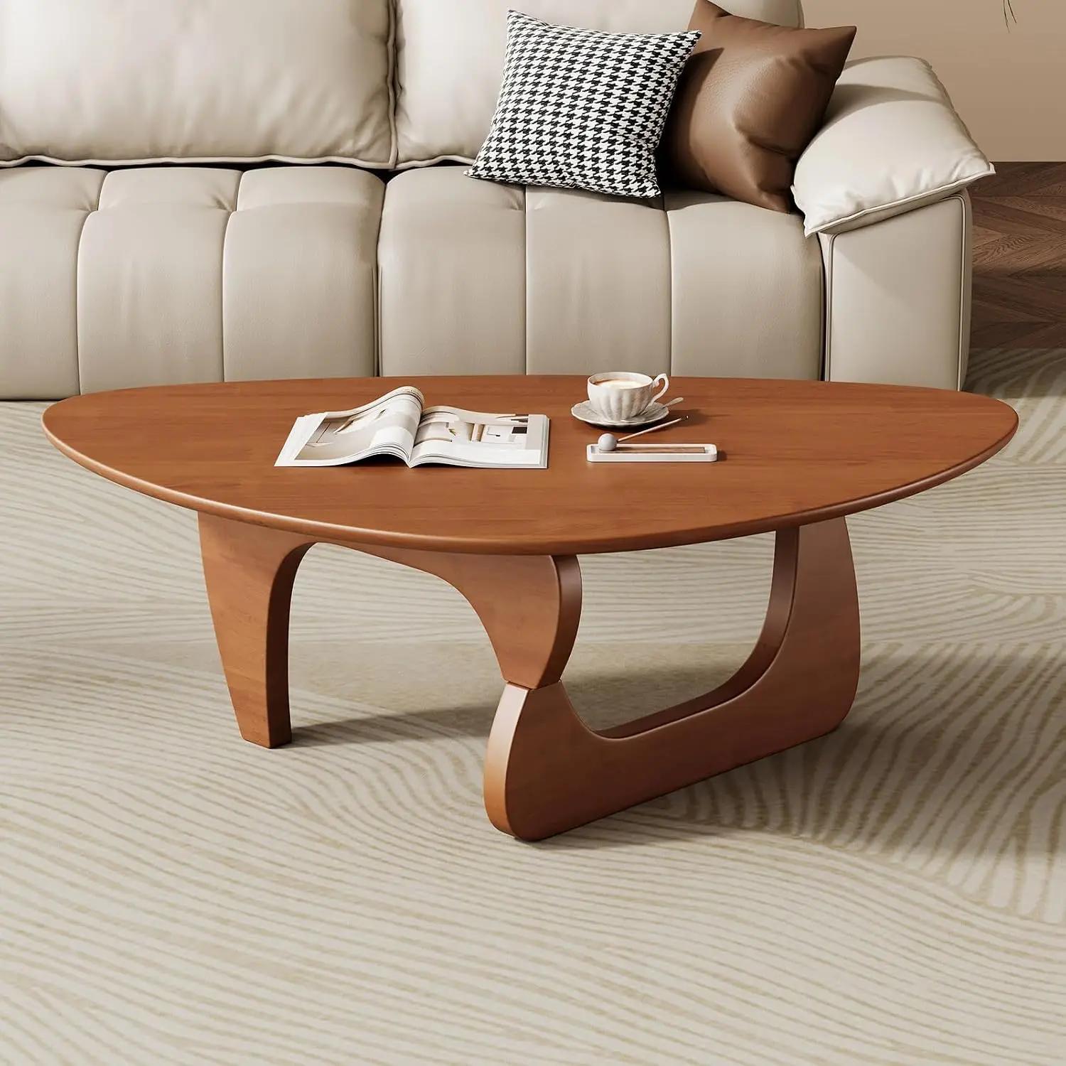 Mid Century Modern Coffee Table, Walnut Wooden Center Table, Oval Low Profile Tea Table, Retro Accent Storage Table For Living Room Bedroom Reception Office, Walnut Medium