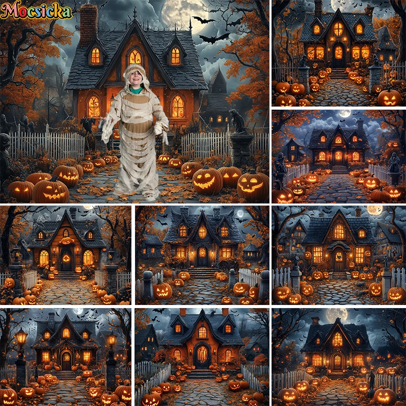 

Mocsicka Halloween Cottage Backdrop Photography Fall Porch Pumpkin Decor Baby Shower Kids Portraits Photo Background Studio