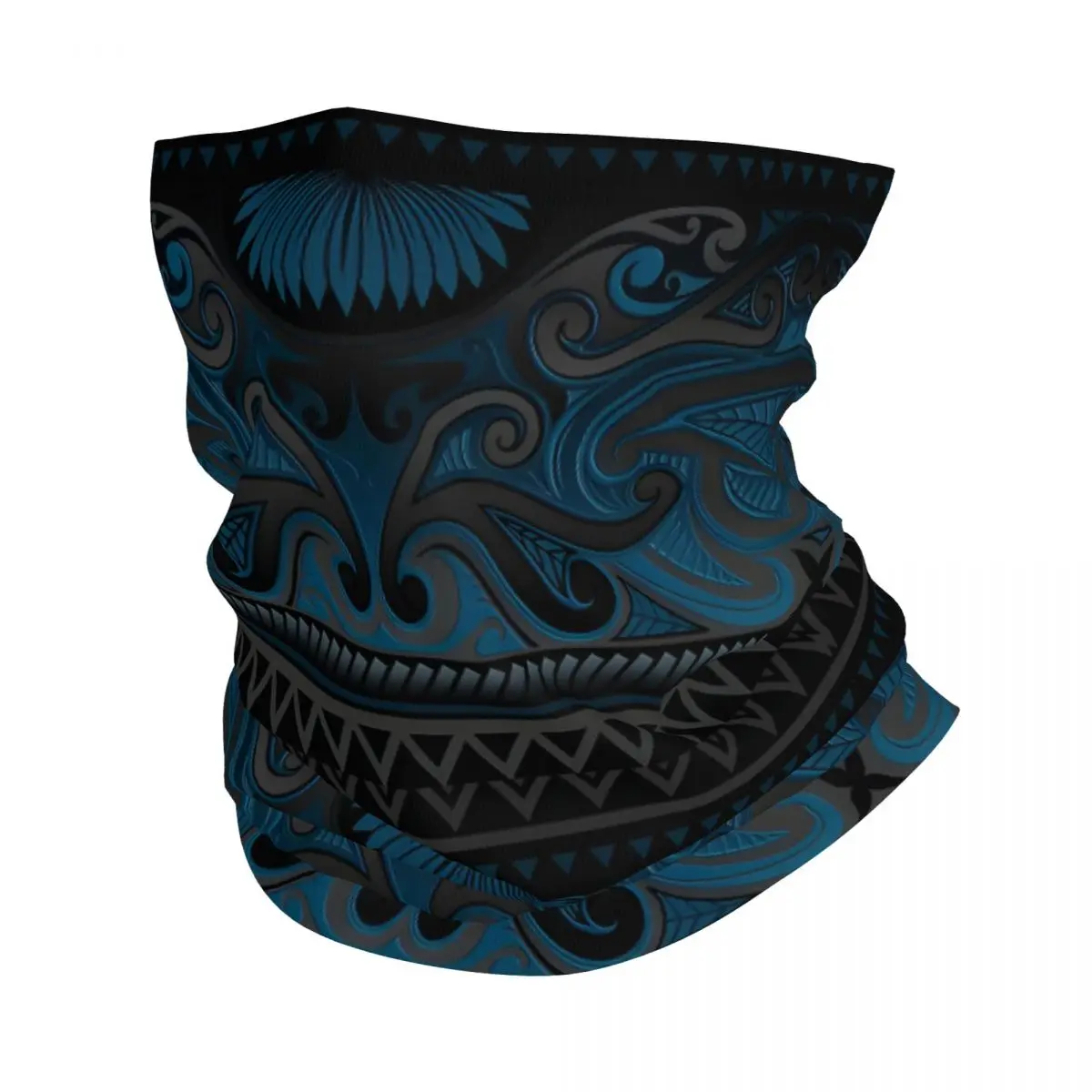 Blue Grey Ornate Maori Thin Wrap Scarf Bandana Neck Gaiter Face Cover Headband