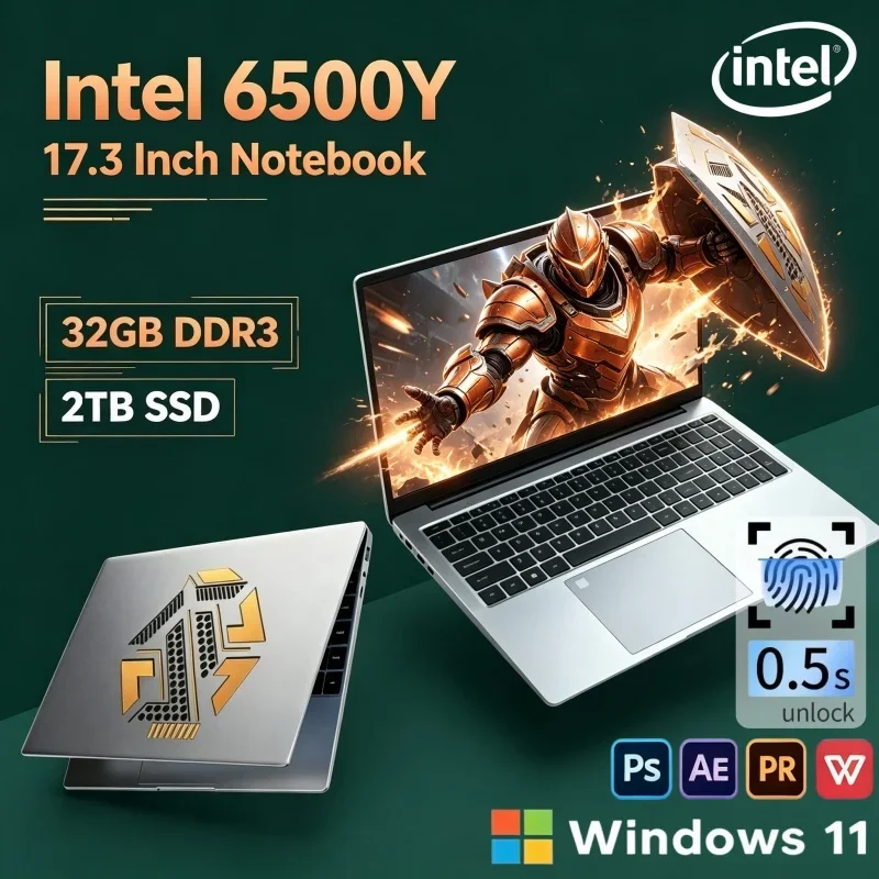 2026 Top Premium 17.3in Laptop Intel 6500Y 16GB 32GB 2TB SSD Win11 Ultra Slim Office Gaming Notebook