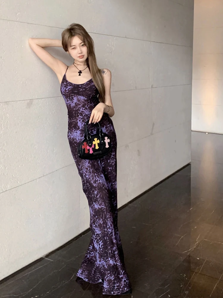 สีม่วงเซ็กซี่ Camis ผู้หญิงเสือดาวพิมพ์ชุดยาวบางฤดูร้อนแฟชั่น Harajuku Chic ชุดราตรีสปาเก็ตตี้ Vestidos ใหม่
