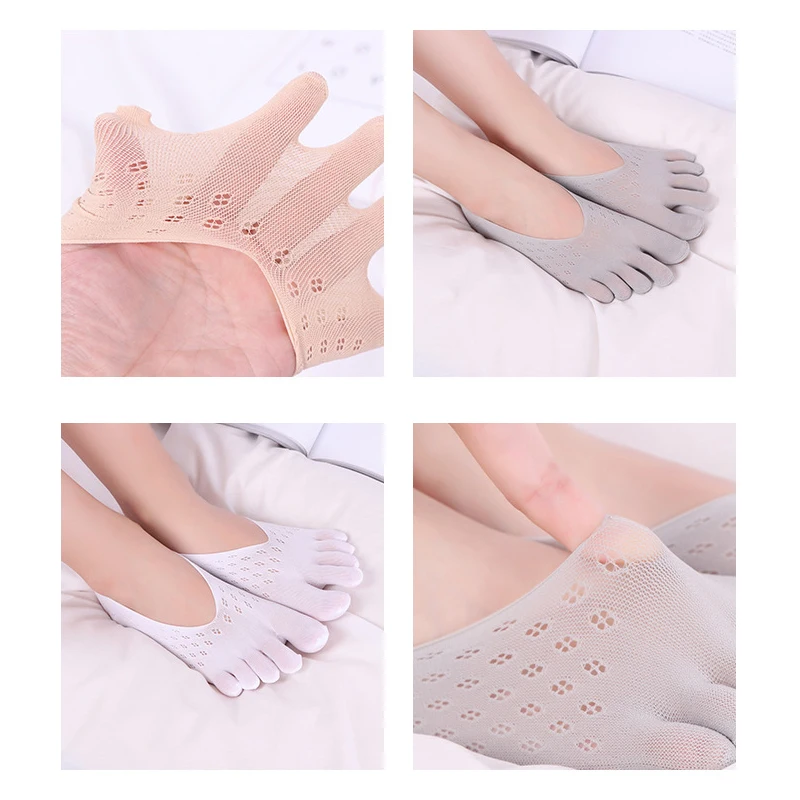 5 Pairs Five Finger Boat Socks Women Thin Spring Summer Plain Weave Shallow Mouth Velvet Ice Silk Sweat Absorbent Gel Toe Socks