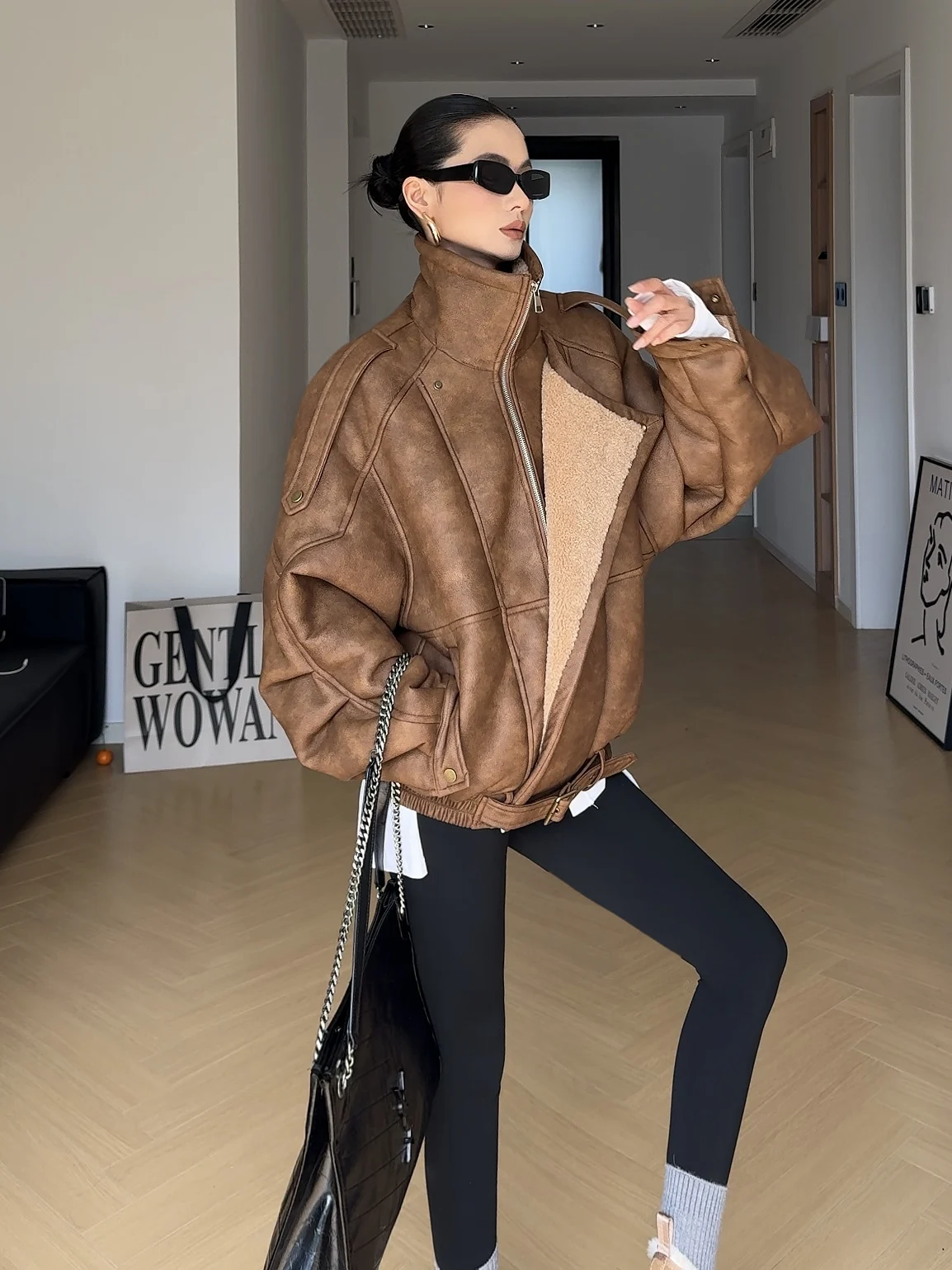 CIZZLEMORE-abrigo de motociclista con textura Retro para mujer, abrigo ortopé con cuello entrelazado de cuero y piel con forro de Fce