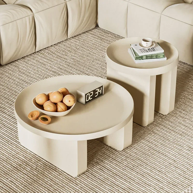 Nordic Cream Color Coffee Table Set Round Modern Living Room Table with Two Sizes Minimalist Stylish Accent Table
