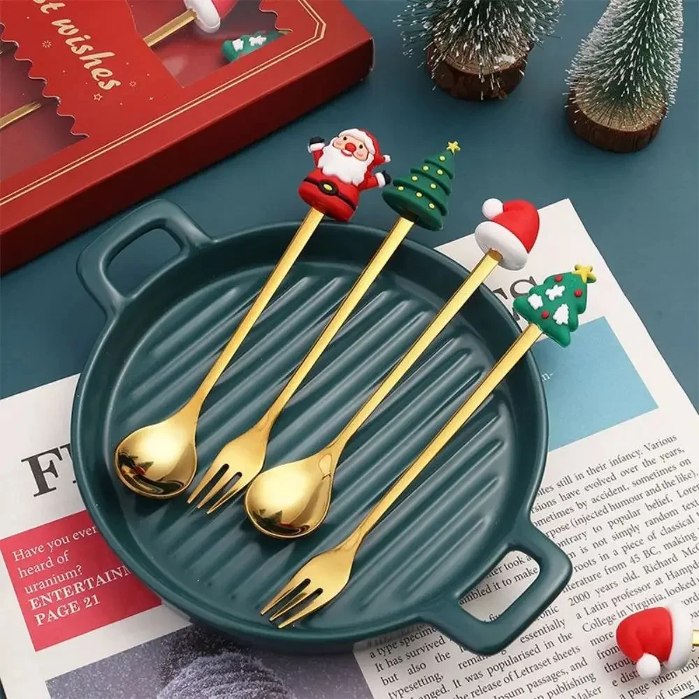 (2/4/6pc) Christmas Spoon and Fork Set Stainless Steel Creative Tableware Coffee Tea Dessert Spoon and Fork Exquisite Gift Set