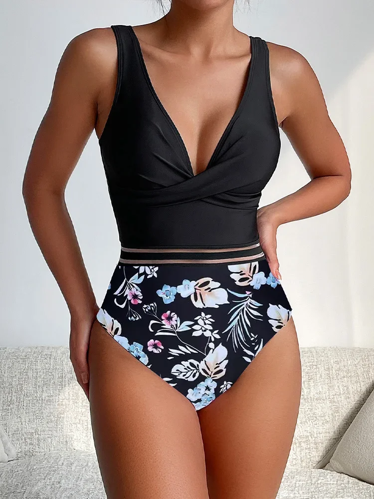

UETEEY 2025 New Summer Swimwea One Piece Swimsuit Sexy Pink Print V Neck One Piece Swimsuit Women casual Beach Vacation Bikini