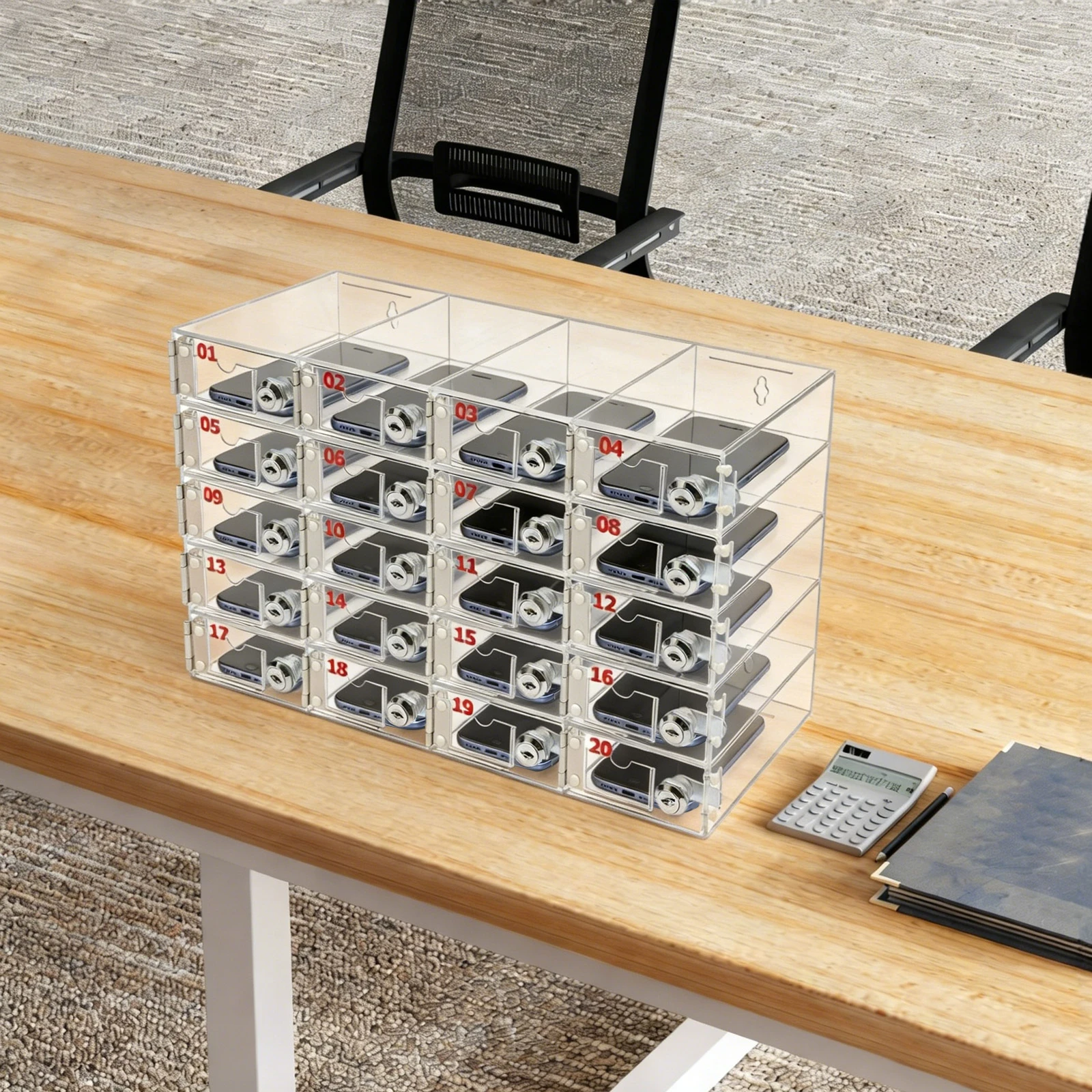 

20 Slots 42.1*18.5*27.5cm Acrylic Cell Phone Storage Cabinet Cell Phone Storage Cabinet with Hinges Locks