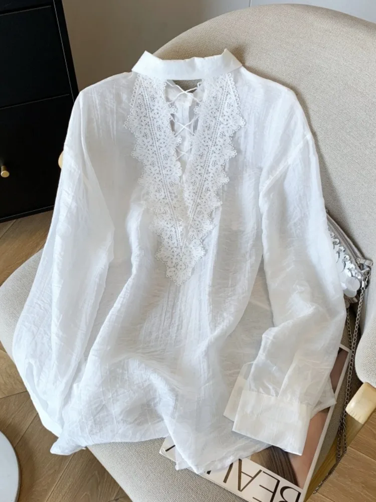 

Lace Splicing Backless Sun Protection Shirt Women's Summer Design Sensation Minimalist Long Sleeve Open Cardigan Hollow out