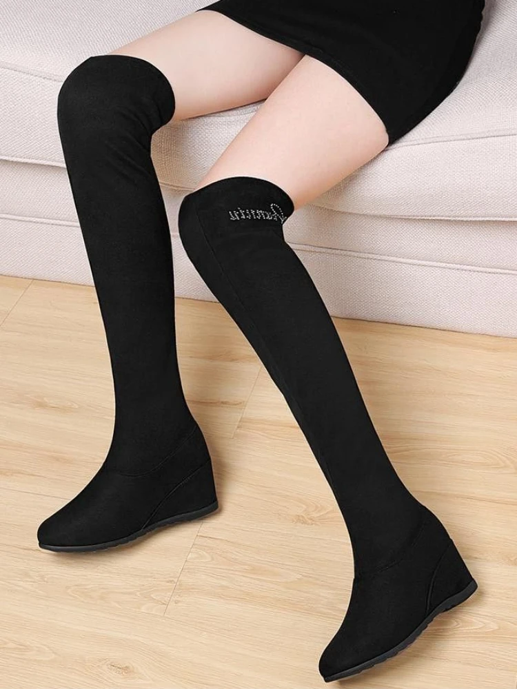 Black Above Over The Knee Thigh High Shoes for Woman Women\'s Boots Elastic Wedge Heel Footwear Waterproof Trend 2024 Y2k Gyaru