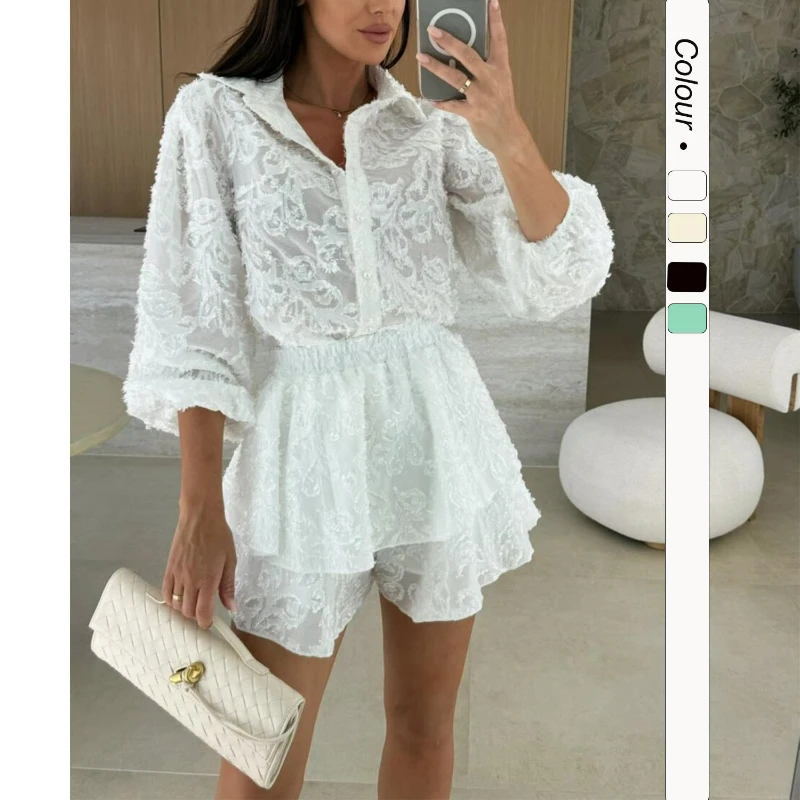 

Короткие комплекты, женский комплект из двух предметов, кружевные блузки с длинными рукавами, отложной воротник, полые рубашки, повседневные шорты на пуговицах