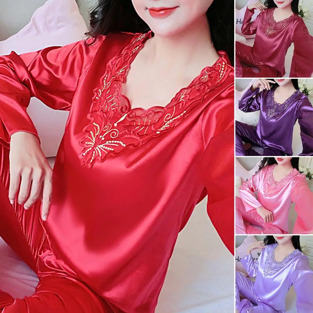 2 Pcs/Set Women Pajamas Set Silky Long Sleeves V Neck Solid Color Loose Sleeping Lace Plus Size Women Nightie Set for Bedroom