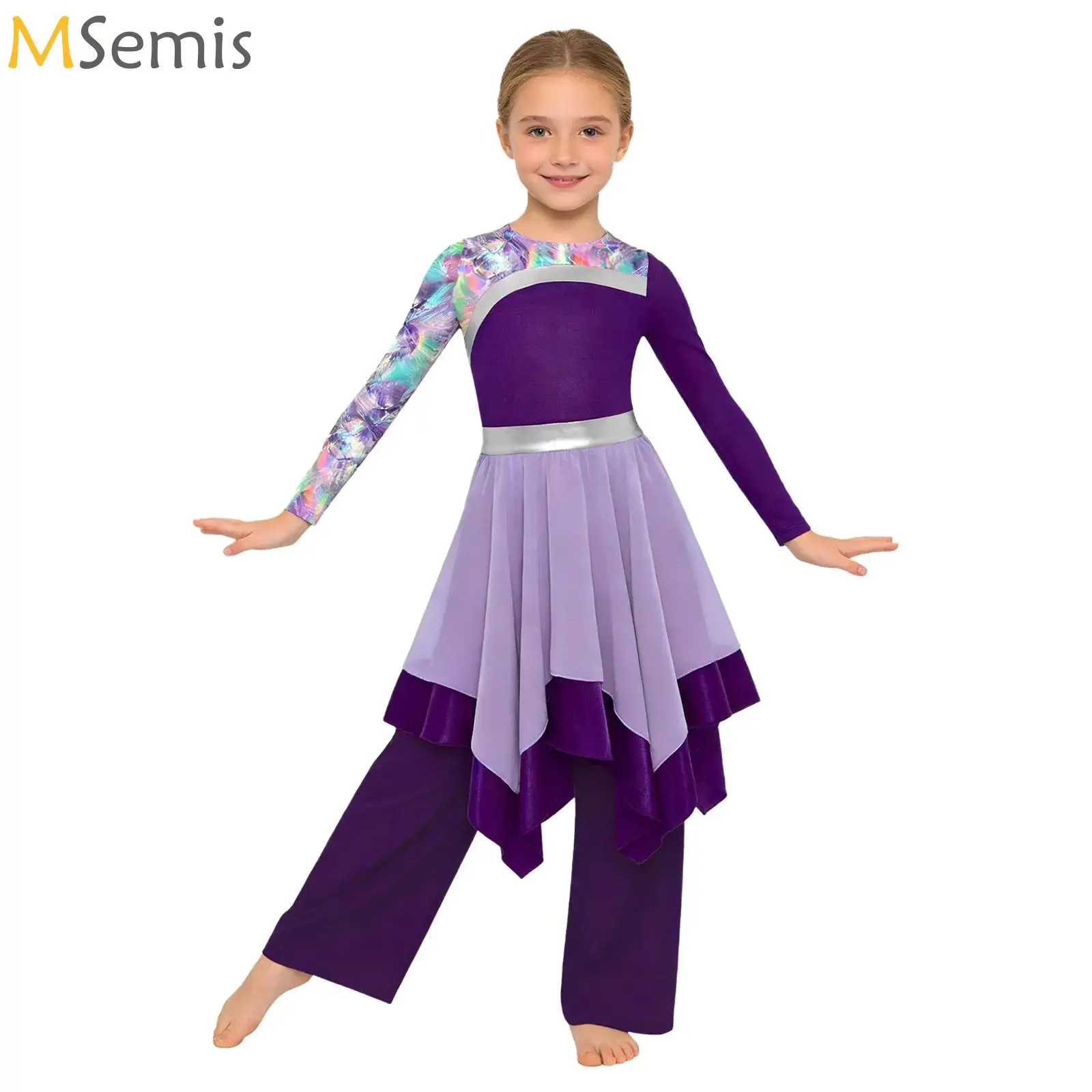 子供用典礼用礼拝ドレス、リリカルモダンワイドレッグパンツ、スタイリッシュプリント、イレギュラーバレエ、聖歌隊、パフォーマンスウェア