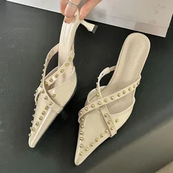 Rivet Designer Sandals for Women Pointed Toe Low Heel Slingback Shoes Female Summer Slide Fashion Slippers Women Mules Pumps