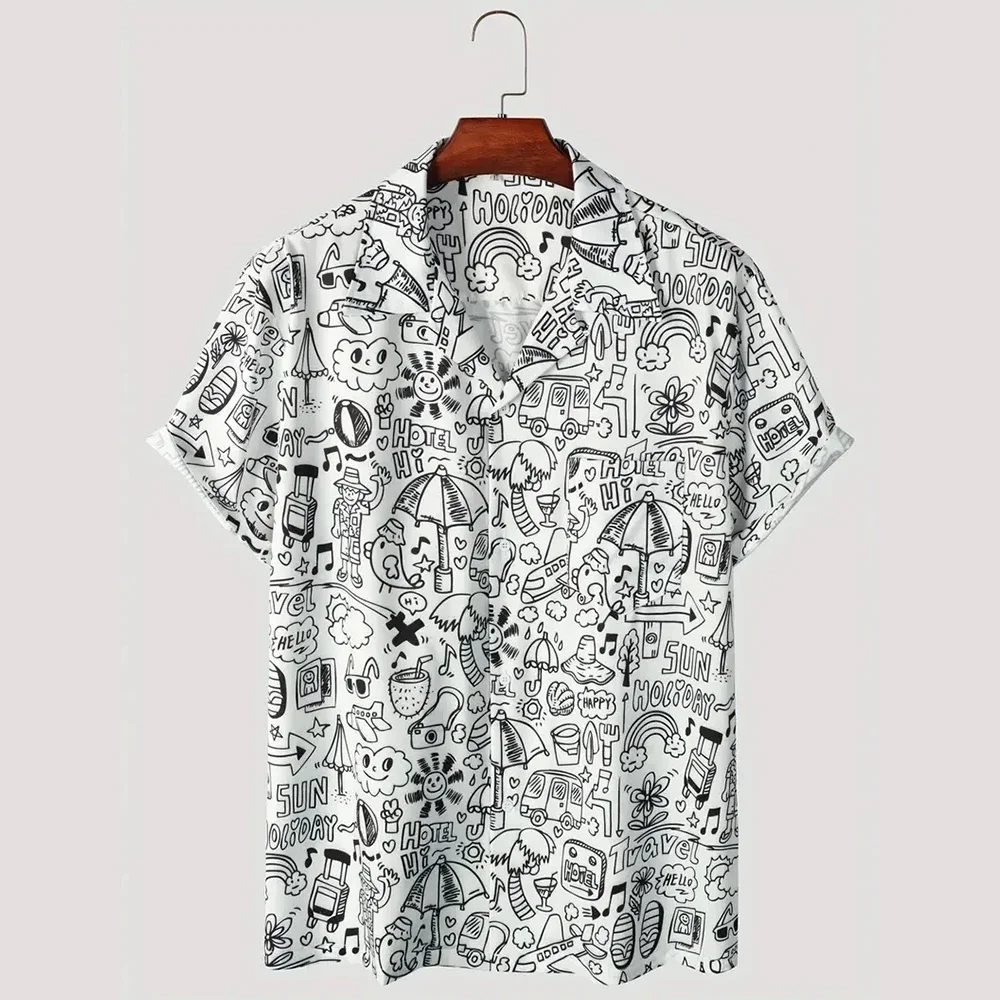 Men's Shirt Tops, Cute Graffiti Print, Lapel Bowling Shirt Short Sleeve Casual Summer Hawaiian Shirt Single Breasted Shirt Daily