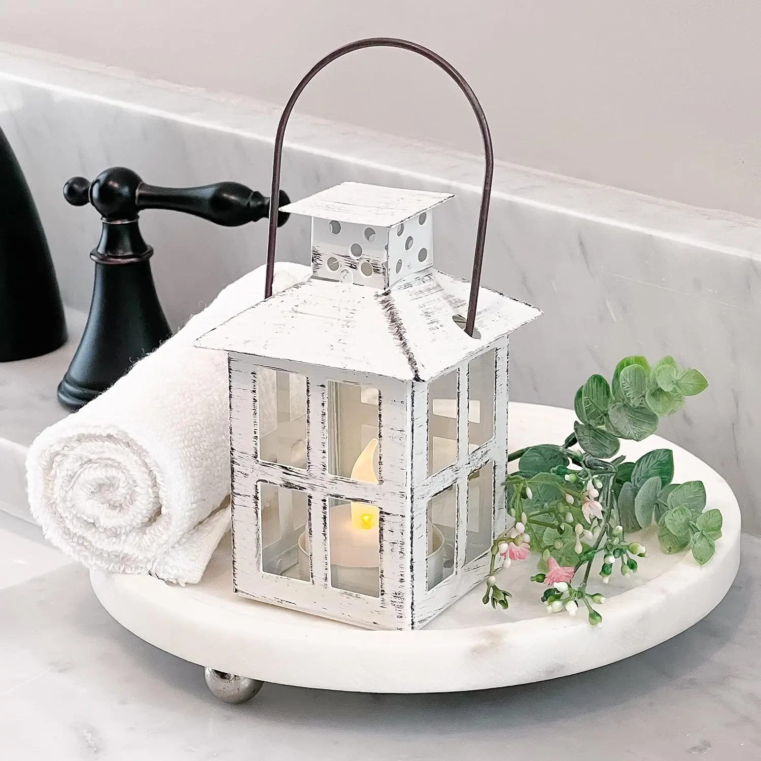 Rustic Farmhouse Decor White Candle Holder Lantern Decorative (5 Inch), Wedding Decoration, Centerpiece Table Decorations, Home