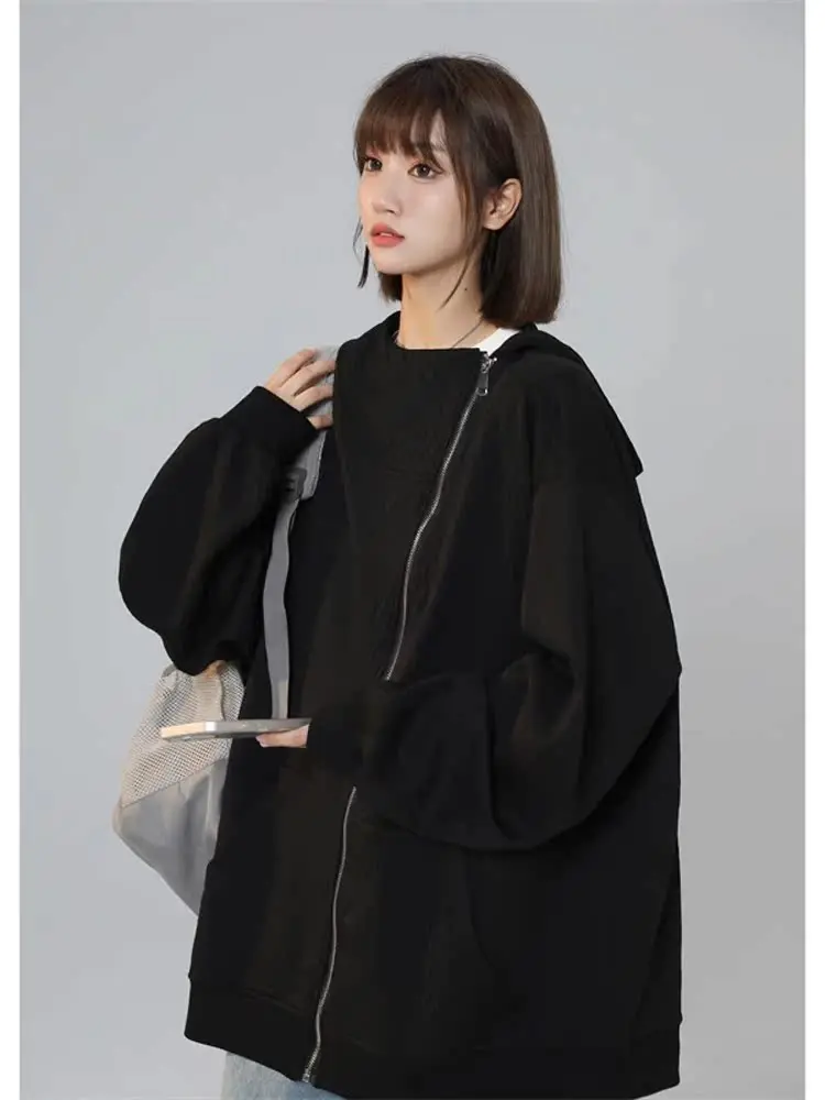 

Vintage American Hoodie Men's Spring Autumn Streetwear Casual Loose Fit Zipper Closure Pure Color Street Sle Outfit