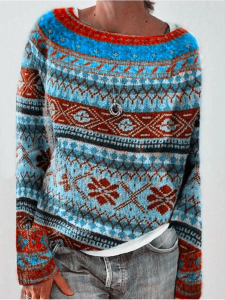 موضة محبوك سترة سيدة عادية س الرقبة طويلة الأكمام فضفاضة البلوفرات البلوزات للنساء الشتاء Vintage طباعة القمم الملابس جديد
