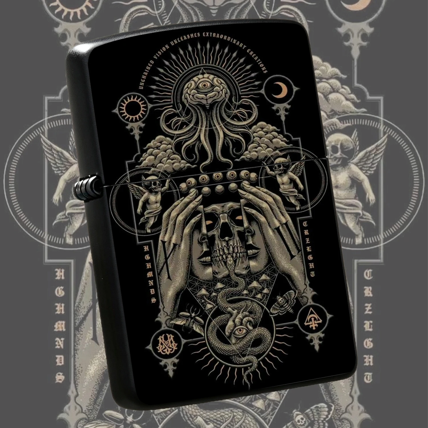 Vintage Grinding Wheel Dark Occult Cthulhu Style All Seeing Eye Skull Angel Serpent Art Print Windproof Durable Unique Collectible Gift For Men Friends Creative Festival Present Desktop Decor A Fun And Humorous Lighter