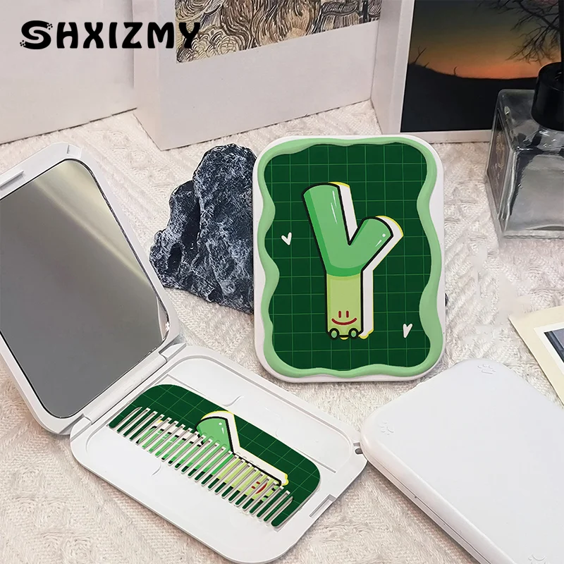 Cartoon Green Scallion Pattern Flip-Top Folding Makeup Mirror Portable Pocket Mirror Rectangle Cosmetic Mirror With Comb