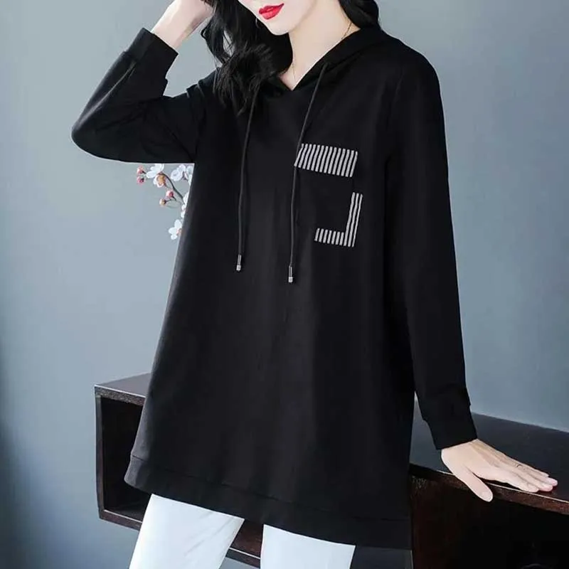 Fashion Loose Spliced Casual Lace Up Hooded T-Shirts Women Clothing 2024 Spring New Oversized All-match Tops Commuter Tee Shirt