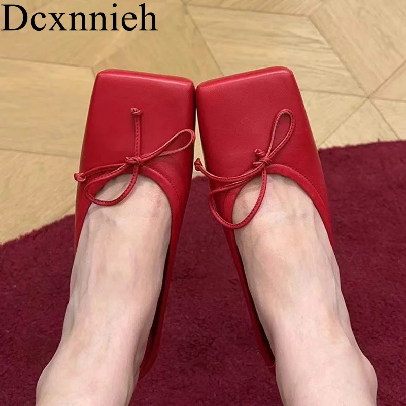 

Spring Summer Square Toe Women Kitten Heel Slipper Shallow Mouth Bow-Knot Decoration Sandals Ladies Sexy Party Dress Shoes 2024