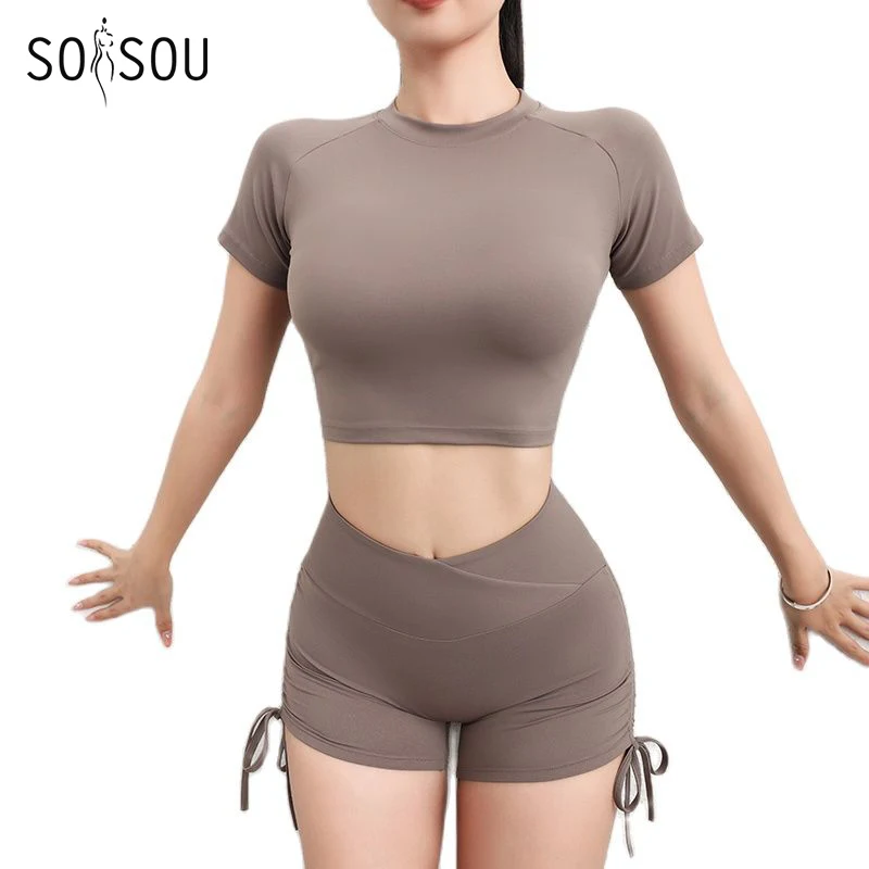 SOISOU-nailon ropa deportiva mujer gym, conjunto de pantalones cortos de gimnasio, Yoga, Fitness, Top deportivo elástico ajustado y transpirable,