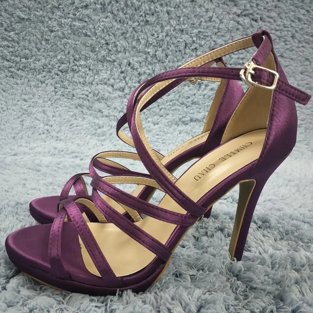 

Women Stiletto Thin High Heel Sandals Sexy Ankle Strap Open Toe Purple Satin Fashion Party Bridals Ball Lady Shoe 0640A-4