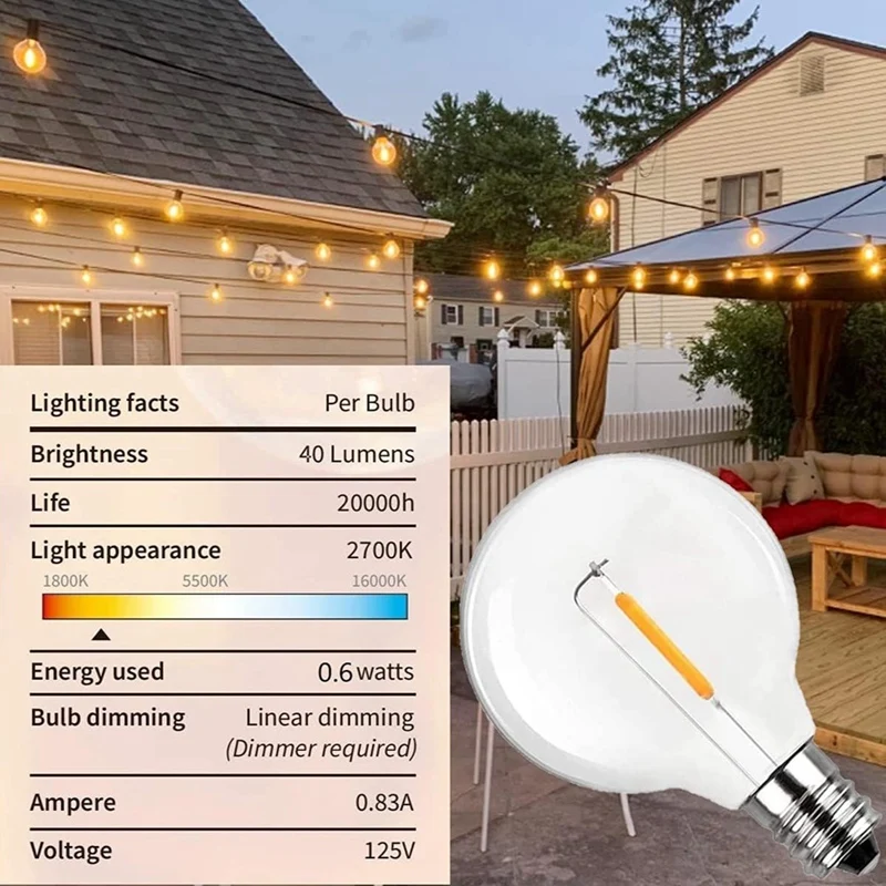 Imagem -04 - Lâmpadas de Substituição Inquebráveis G40 Lâmpadas Globo para Luzes de Corda ao ar Livre Branco Quente Base de Parafuso E12