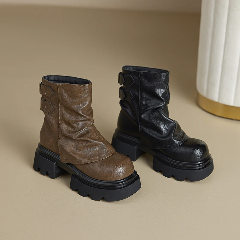 2025 New Women's Trouser Boots Thick-soled Square-toe Women Ankle Boots Large-Size Vintage Fashion Motorcycle Boots female