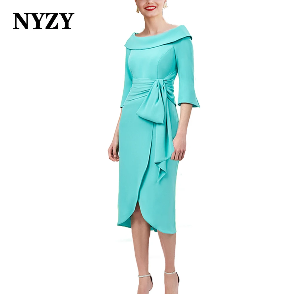 

NYZY M408 Jersey 3/4 Sleeves Aqua Wedding Guest Dresses 2024 Summer Cocktail Wedding Party Mother of the Groom Gowns