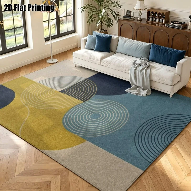 Large Indoor Area Rug, Soft Velvet Low Pile Machine Washable, Mid-Century Geometric Circle Pattern in Navy, Mustard, Light Blue & Cream, Ideal for Living Room, Bedroom, Home Office Floor Accent